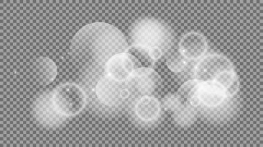 Bokeh şeffaf arkaplanda daireler çiziyor. Beyaz parlayan toz, parlayan ışıltı ve bokeh ışıkları. Vektör illüstrasyonu