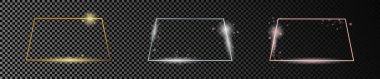 Üç altın, gümüş ve gül sarısı parlayan trapezoid şekilli çerçeve seti koyu şeffaf arka planda izole edildi. Parlak efektli parlak bir çerçeve. Vektör illüstrasyonu