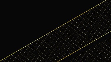 Soyut altın çizgileri ve parlak noktaları olan gösterişli, koyu bir arka plan. Işıldayan pırıltılı arkaplan. Modern şablonlar için şık ve zarif bir tasarım. Vektör illüstrasyonu