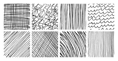 Sekiz adet tek renkli el yapımı çapraz kapak dokusu. Homurdanma ve taslak çizimleri, karalamalar, karalamalar ve çizim tarzı şablonlar. Vektör illüstrasyonu