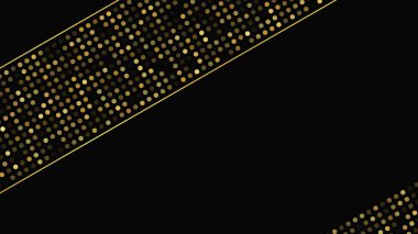 Soyut altın çizgileri ve parlak noktaları olan gösterişli, koyu bir arka plan. Işıldayan pırıltılı arkaplan. Modern şablonlar için şık ve zarif bir tasarım. Vektör illüstrasyonu