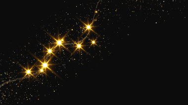 Altın parıldayan konfeti dalgası ve yıldız tozu. Koyu arkaplanda altın sihirli parıltılarla arka plan. Vektör illüstrasyonu