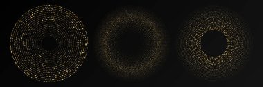 Soyut altın parlayan yarım tonlu noktalı arkaplan. Daire şeklinde üç altın parıltılı desen. Yarım ton noktalarını çember yapın. Vektör illüstrasyonu