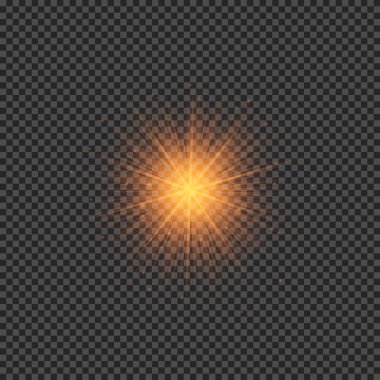 Lens fişeklerinin ışık etkisi. Şeffaf arkaplanda parıldayan turuncu ışıklar yıldız patlaması efektleri. Vektör illüstrasyonu