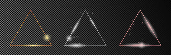 Set of three gold, silver and rose gold glowing triangle frames isolated on dark transparent background. Shiny frame with glowing effects. Vector illustration
