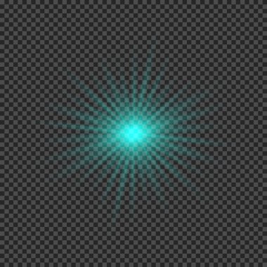 Lens fişeklerinin ışık etkisi. Şeffaf bir arka planda parıldayan yeşil ışıklar yıldız patlaması efektleri. Vektör illüstrasyonu
