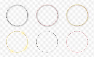 Şeffaf arkaplanda izole edilmiş altı adet altın, gümüş ve gül rengi parlak halka çerçeveler. Parlak efektli parlak bir çerçeve. Vektör illüstrasyonu