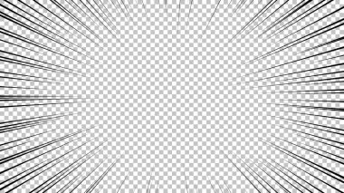 Şeffaf arkaplanda siyah çizgileri olan çizgi roman sayfası. Patlama ışınları desenli şablon dokuyu etkiler. Vektör illüstrasyonu