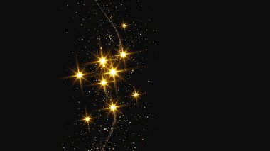 Altın parıldayan konfeti dalgası ve yıldız tozu. Koyu arkaplanda altın sihirli parıltılarla arka plan. Vektör illüstrasyonu