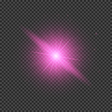Lens fişeklerinin ışık etkisi. Mor parlak ışık efektleri ve şeffaf bir arka planda parıltılar. Vektör illüstrasyonu