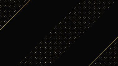 Soyut altın çizgileri ve parlak noktaları olan gösterişli, koyu bir arka plan. Işıldayan pırıltılı arkaplan. Modern şablonlar için şık ve zarif bir tasarım. Vektör illüstrasyonu