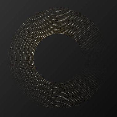 Soyut altın parlayan yarım tonlu noktalı arkaplan. Daire şeklinde altın parıltı deseni. Yarım ton noktalarını çember yapın. Vektör illüstrasyonu