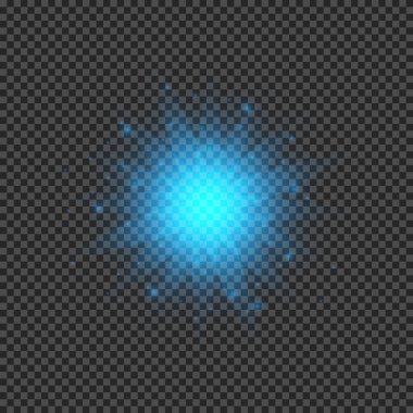 Lens fişeklerinin ışık etkisi. Şeffaf bir arka planda parıldayan mavi ışıklar yıldız patlaması efektleri. Vektör illüstrasyonu