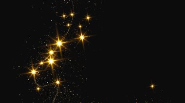 Altın parıldayan konfeti dalgası ve yıldız tozu. Koyu arkaplanda altın sihirli parıltılarla arka plan. Vektör illüstrasyonu