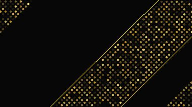 Soyut altın çizgileri ve parlak noktaları olan gösterişli, koyu bir arka plan. Işıldayan pırıltılı arkaplan. Modern şablonlar için şık ve zarif bir tasarım. Vektör illüstrasyonu