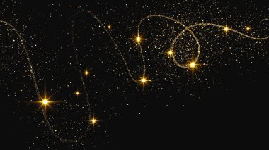 Altın parıldayan konfeti dalgası ve yıldız tozu. Koyu arkaplanda altın sihirli parıltılarla arka plan. Vektör illüstrasyonu