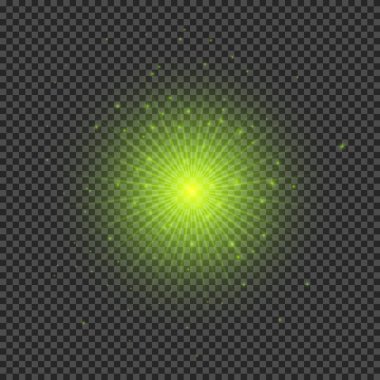 Lens fişeklerinin ışık etkisi. Şeffaf bir arka planda parıldayan yeşil ışıklar yıldız patlaması efektleri. Vektör illüstrasyonu