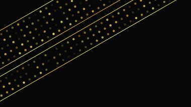Soyut altın çizgileri ve parlak noktaları olan gösterişli, koyu bir arka plan. Işıldayan pırıltılı arkaplan. Modern şablonlar için şık ve zarif bir tasarım. Vektör illüstrasyonu