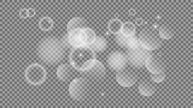 Bokeh şeffaf arkaplanda daireler çiziyor. Beyaz parlayan toz, parlayan ışıltı ve bokeh ışıkları. Vektör illüstrasyonu