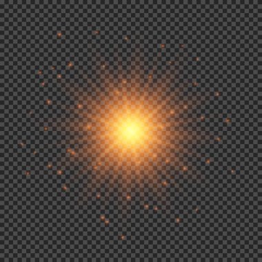 Lens fişeklerinin ışık etkisi. Şeffaf arkaplanda parıldayan turuncu ışıklar yıldız patlaması efektleri. Vektör illüstrasyonu