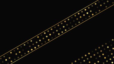 Soyut altın çizgileri ve parlak noktaları olan gösterişli, koyu bir arka plan. Işıldayan pırıltılı arkaplan. Modern şablonlar için şık ve zarif bir tasarım. Vektör illüstrasyonu