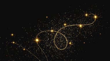 Altın parıldayan konfeti dalgası ve yıldız tozu. Koyu arkaplanda altın sihirli parıltılarla arka plan. Vektör illüstrasyonu