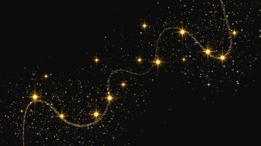 Altın parıldayan konfeti dalgası ve yıldız tozu. Koyu arkaplanda altın sihirli parıltılarla arka plan. Vektör illüstrasyonu