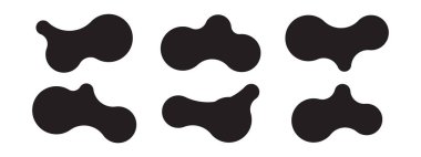 Birbirine bağlı noktalar ve şekil değiştiren kabarcıklar içeren altı soyut meta şekil seti. Sıvı, organik metabol formlu geometrik vektör simgeleri. Etiketler, posterler, çıkartmalar, şablonlar veya bilimsel görseller için ideal. Vektör illüstrasyonu