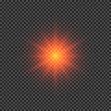Lens fişeklerinin ışık etkisi. Şeffaf bir arka planda parıldayan kırmızı ışıklar yıldız patlaması efektleri. Vektör illüstrasyonu