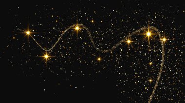 Altın parıldayan konfeti dalgası ve yıldız tozu. Koyu arkaplanda altın sihirli parıltılarla arka plan. Vektör illüstrasyonu