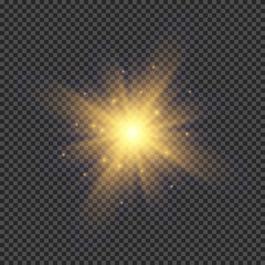 Lens fişeklerinin ışık etkisi. Şeffaf arkaplanda parıldayan turuncu ışıklar yıldız patlaması efektleri. Vektör illüstrasyonu