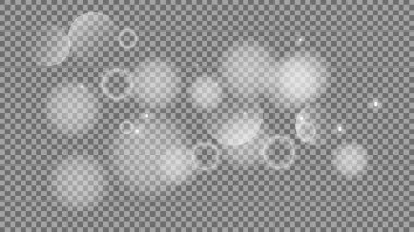 Bokeh şeffaf arkaplanda daireler çiziyor. Beyaz parlayan toz, parlayan ışıltı ve bokeh ışıkları. Vektör illüstrasyonu