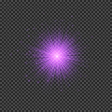 Lens fişeklerinin ışık etkisi. Mor parlak ışık efektleri ve şeffaf bir arka planda parıltılar. Vektör illüstrasyonu