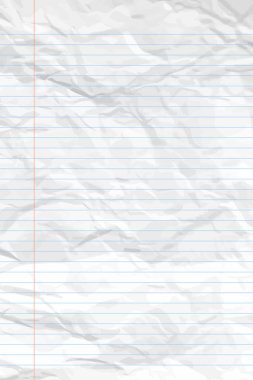 Çizgileri olan buruşuk, beyaz bir defter kağıdı. Posterler ve afişler için dikey buruşmuş boş kağıt şablonu. Vektör illüstrasyonu