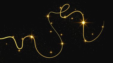 Altın parıldayan konfeti dalgası ve yıldız tozu. Koyu arkaplanda altın sihirli parıltılarla arka plan. Vektör illüstrasyonu