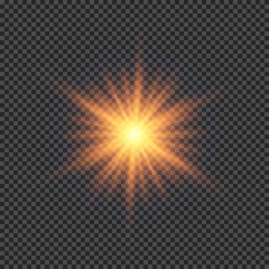 Lens fişeklerinin ışık etkisi. Şeffaf arkaplanda parıldayan turuncu ışıklar yıldız patlaması efektleri. Vektör illüstrasyonu