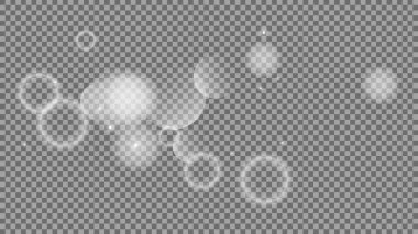 Bokeh şeffaf arkaplanda daireler çiziyor. Beyaz parlayan toz, parlayan ışıltı ve bokeh ışıkları. Vektör illüstrasyonu