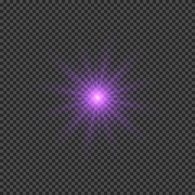 Lens fişeklerinin ışık etkisi. Mor parlak ışık efektleri ve şeffaf bir arka planda parıltılar. Vektör illüstrasyonu