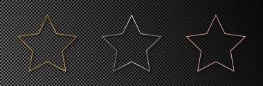 Üç adet altın, gümüş ve gül rengi parıldayan yıldız şeklindeki çerçeve koyu şeffaf arkaplanda izole edilmiş. Parlak efektli parlak bir çerçeve. Vektör illüstrasyonu