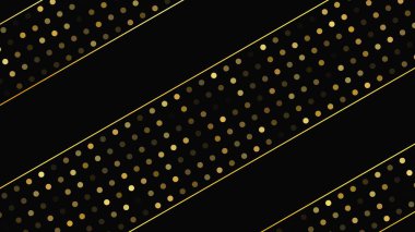 Soyut altın çizgileri ve parlak noktaları olan gösterişli, koyu bir arka plan. Işıldayan pırıltılı arkaplan. Modern şablonlar için şık ve zarif bir tasarım. Vektör illüstrasyonu