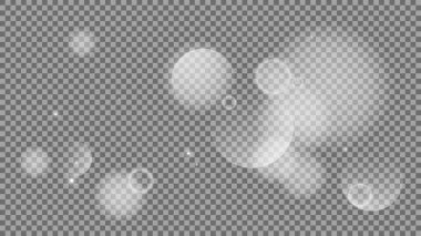 Bokeh şeffaf arkaplanda daireler çiziyor. Beyaz parlayan toz, parlayan ışıltı ve bokeh ışıkları. Vektör illüstrasyonu