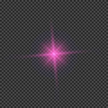 Lens fişeklerinin ışık etkisi. Mor parlak ışık efektleri ve şeffaf bir arka planda parıltılar. Vektör illüstrasyonu