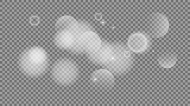 Bokeh şeffaf arkaplanda daireler çiziyor. Beyaz parlayan toz, parlayan ışıltı ve bokeh ışıkları. Vektör illüstrasyonu