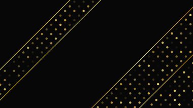 Soyut altın çizgileri ve parlak noktaları olan gösterişli, koyu bir arka plan. Işıldayan pırıltılı arkaplan. Modern şablonlar için şık ve zarif bir tasarım. Vektör illüstrasyonu