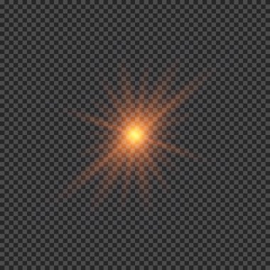 Lens fişeklerinin ışık etkisi. Şeffaf arkaplanda parıldayan turuncu ışıklar yıldız patlaması efektleri. Vektör illüstrasyonu