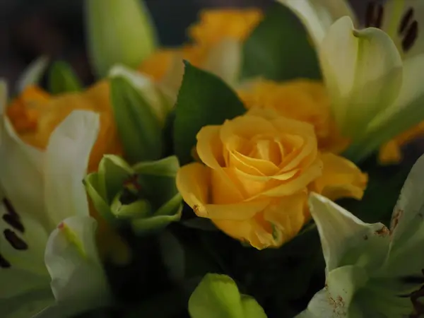 Beyaz zambakların ortasında sarı güller