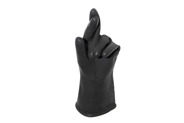 Zwarte Rubberen Handschoen Geïsoleerd Een Witte Achtergrond Crossing Index Middelvinger — Stockfoto