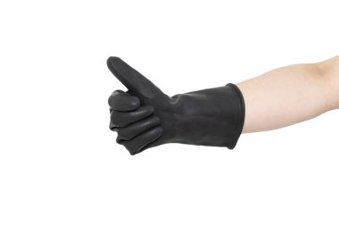 Beyaz arka planda siyah kauçuk eldiven takan tanınmayan biri. İşaret gibi.