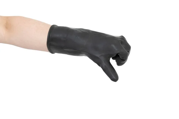 Siyah Kauçuk Eldiven Giymiş Baş Parmağı Aşağıda Tanınmayan Biri Beyaz — Stok fotoğraf