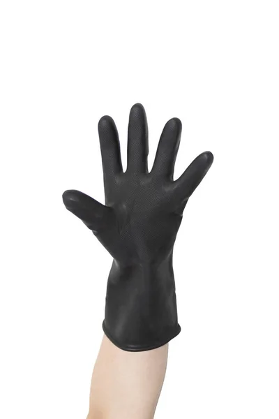 Рука Чорній Гумовій Рукавичці Розтягнутими Пальцями Перед Білим Тлом — стокове фото